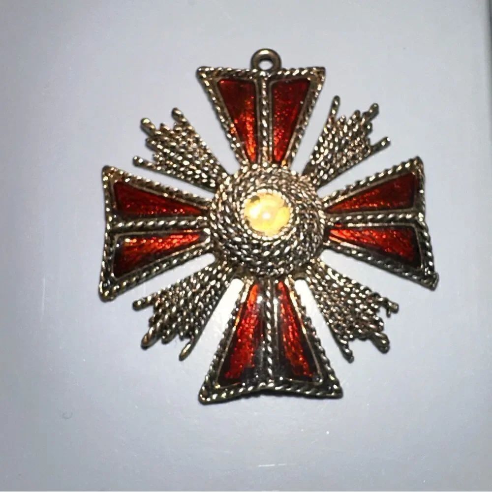 Vintage Gold Tone and Brown Enamel Maltese Cross Pendant